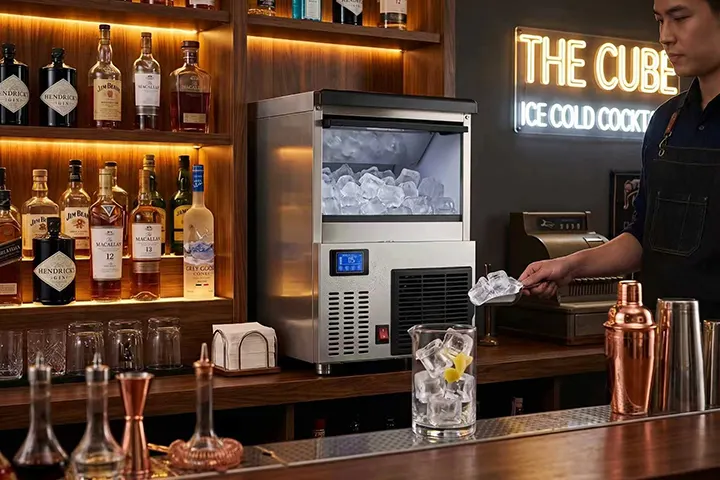 Bar ice machine producing clear ice for cocktails
