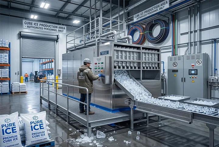 Industrial ice machine producing flake ice for processing