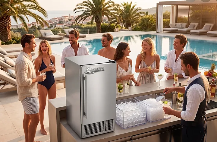 Outdoor commercial ice maker in an open-air venue