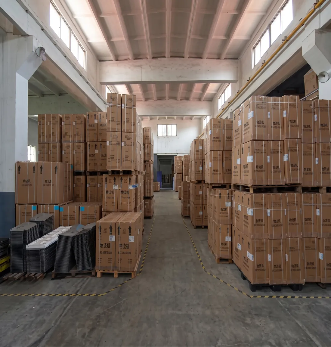 KAISON finished goods warehouse stacked with packed commercial ice machines