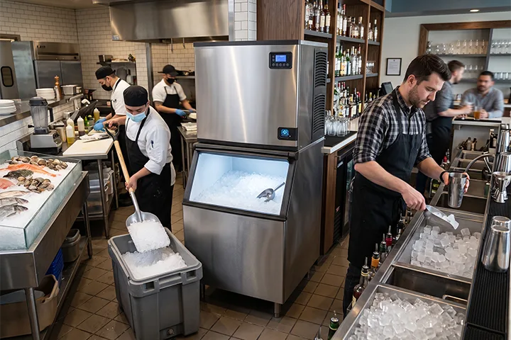 Commercial cube ice machine serving a busy restaurant