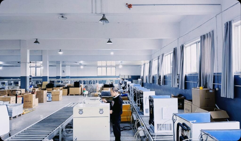 A technician testing commercial ice machines on the KAISON production floor