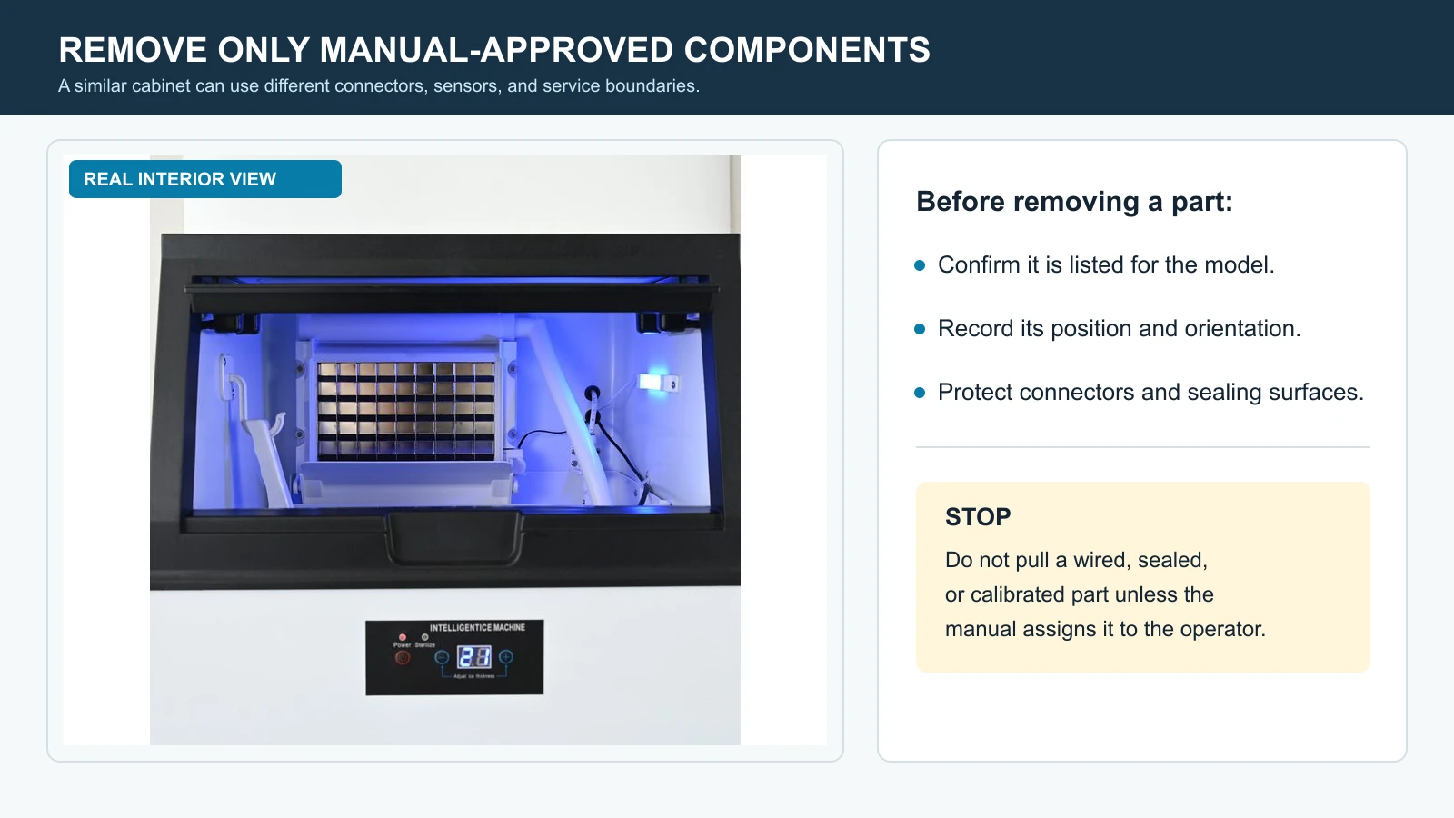 Commercial ice machine interior with manual-approved removal boundary