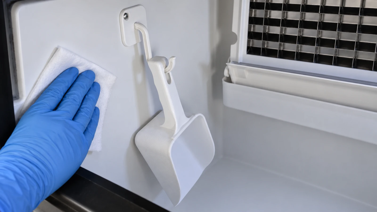 Gloved operator wiping the wall of an empty commercial ice machine storage bin
