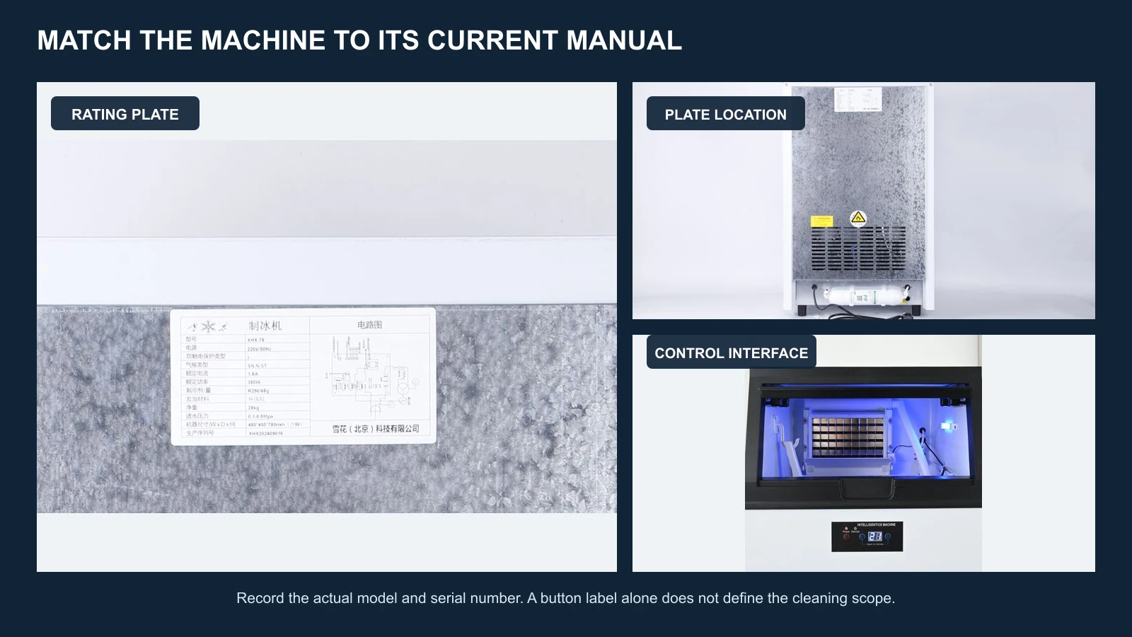 Commercial ice machine rating plate, plate location, control interface, and manual check