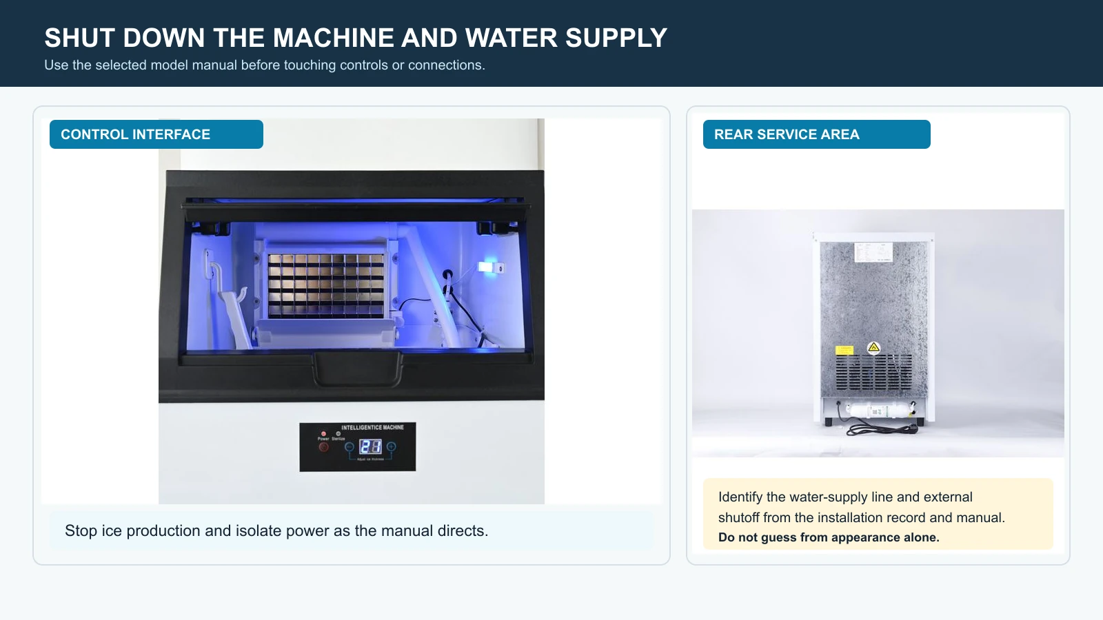 Commercial ice machine control interface and rear service area checked before shutdown