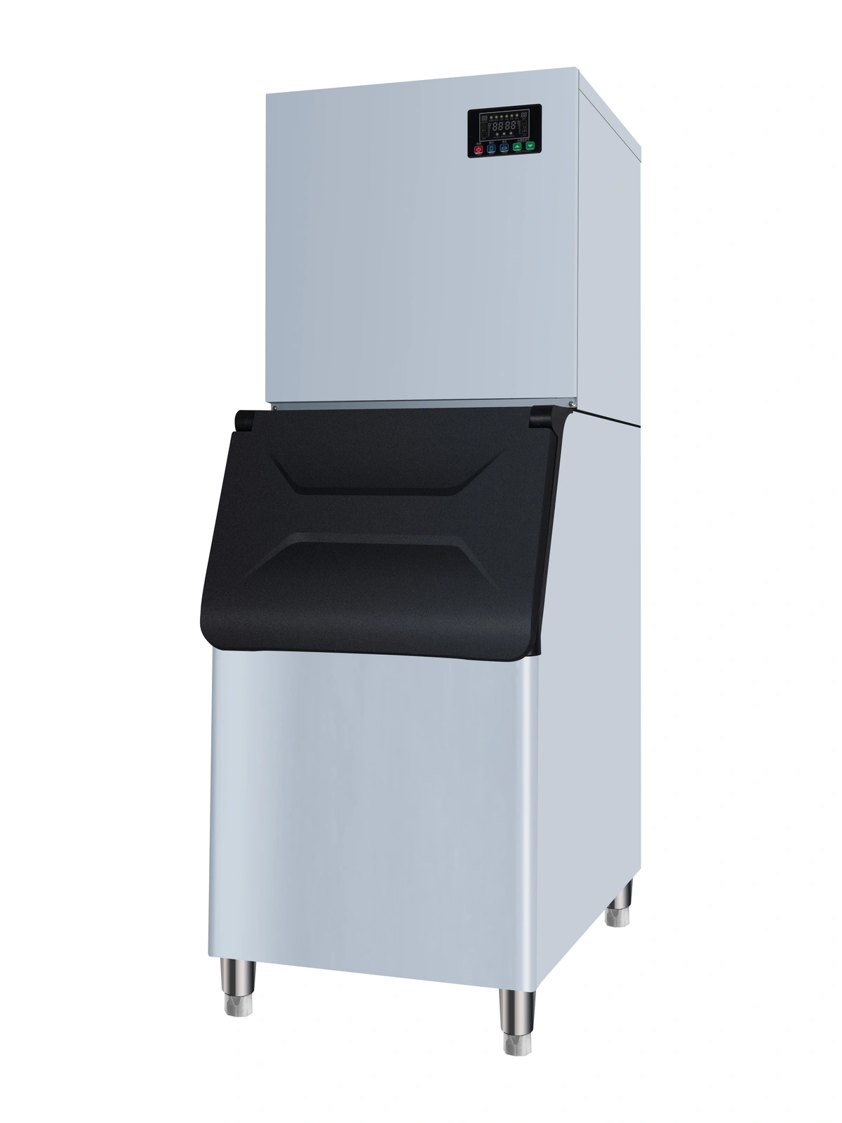 AP-300P split-type cube ice machine on a white background with the ice head above its separate storage bin