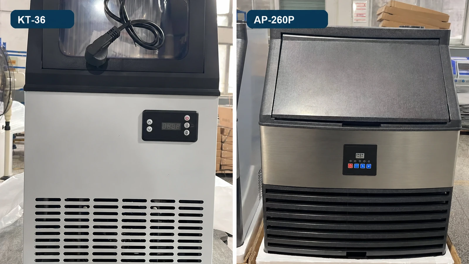 Factory inspection views of KT-36 and AP-260P commercial ice machines