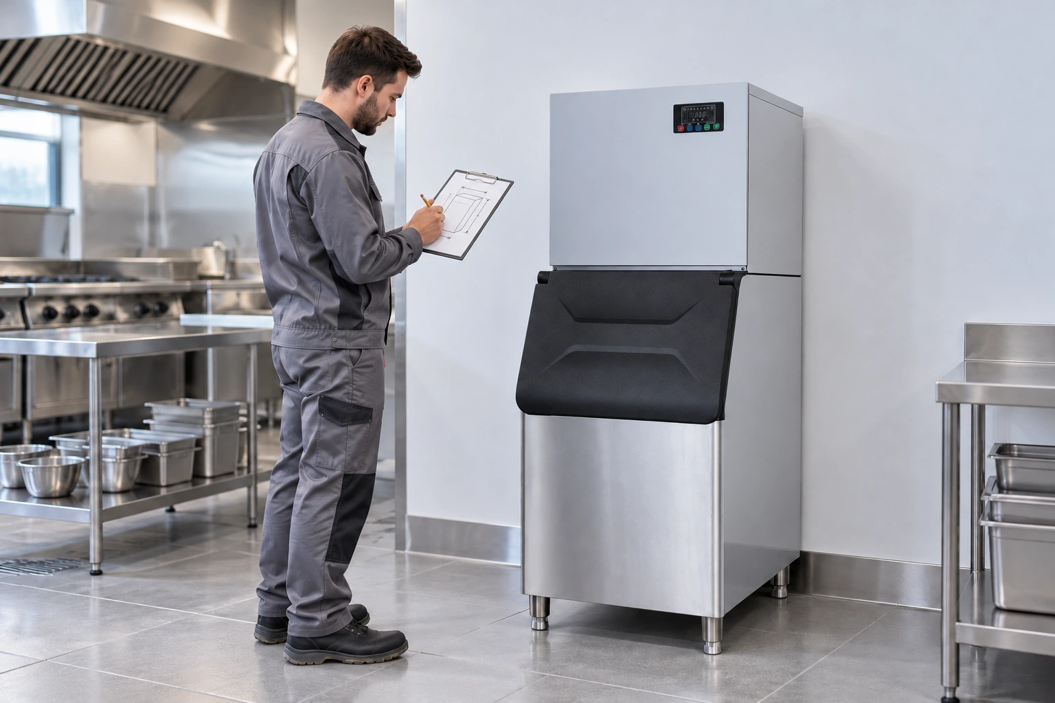 Illustrative technician reviewing site plans beside an AP-series commercial ice machine