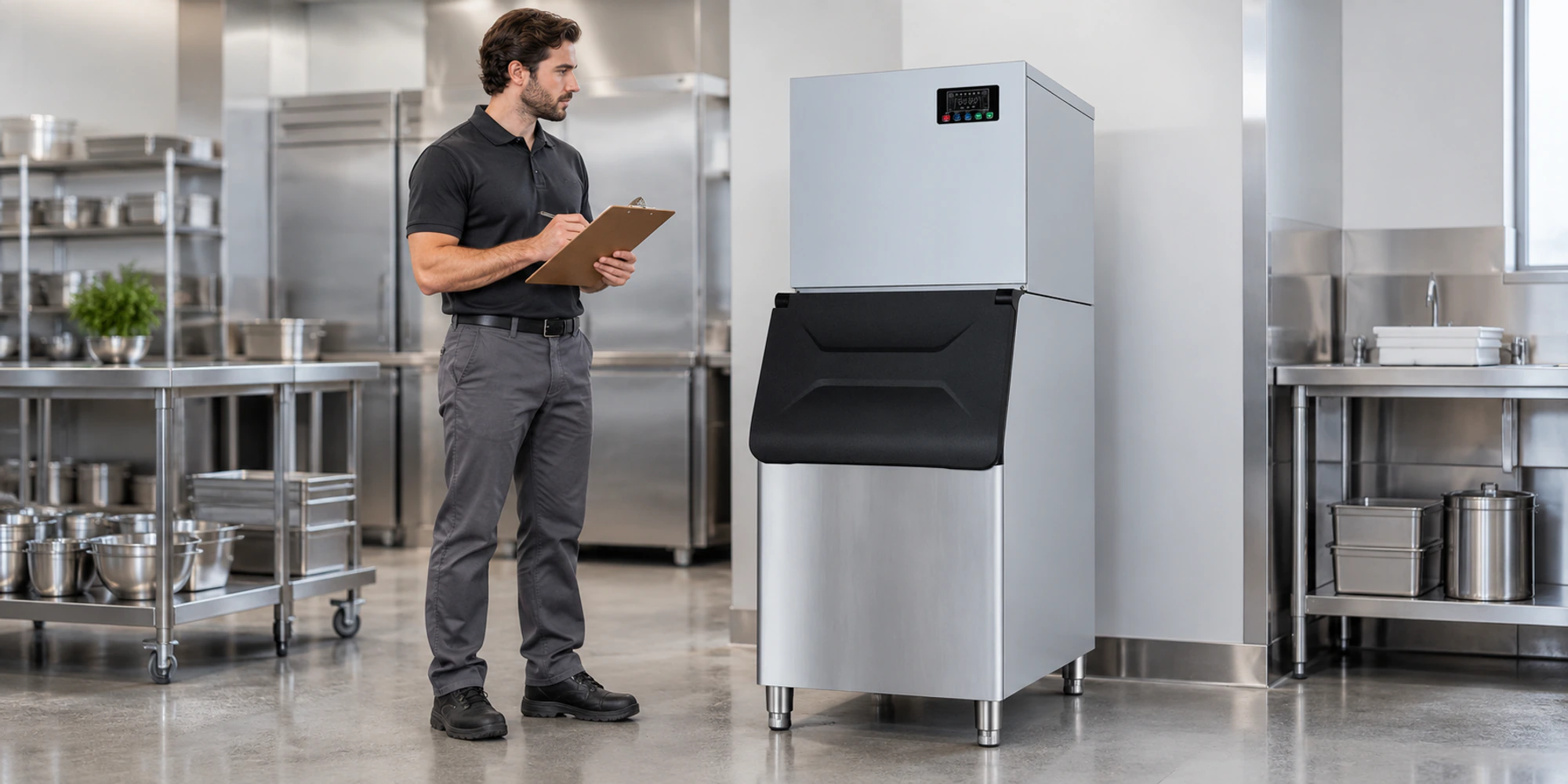 Standing equipment buyer reviewing a full-height AP-300P commercial ice maker in a professional kitchen
