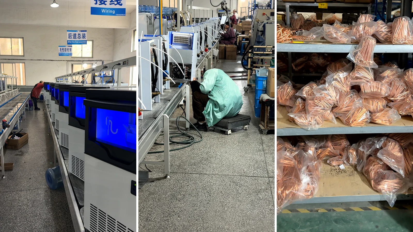 Real ice machine factory testing assembly and copper tubing preparation