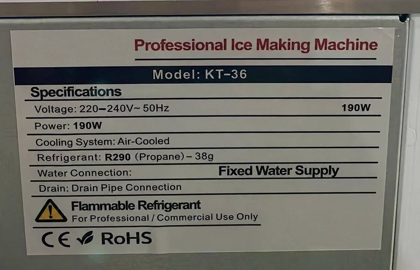 Real KT-36 order nameplate showing 220 to 240 volts, 50 hertz, 190 watts, and R290 38 grams